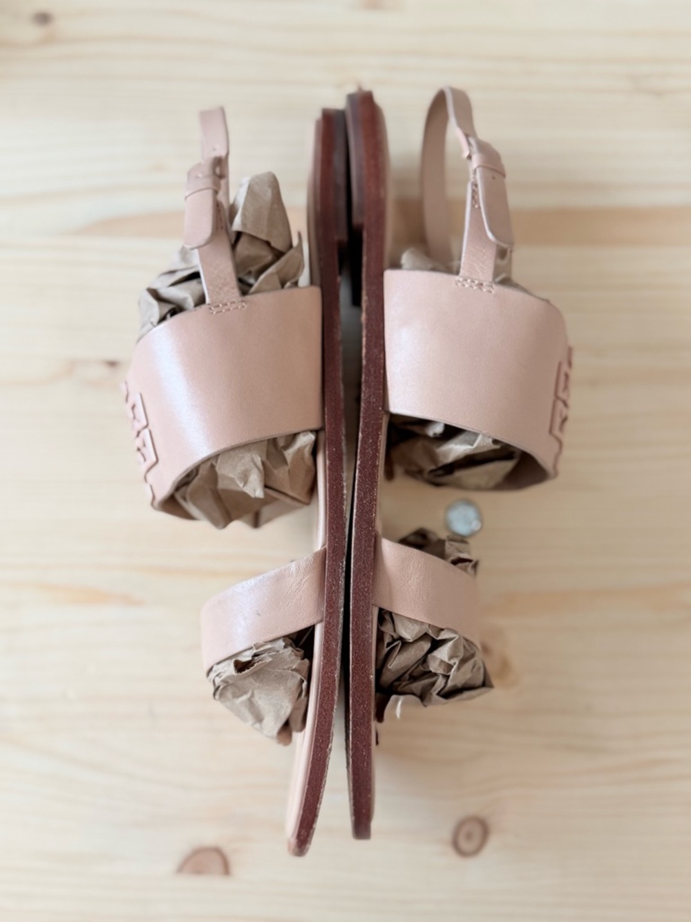 Tory Burch Nude Leather Logo Double-Strap Slingback Sandals - Picture 3 of 4
